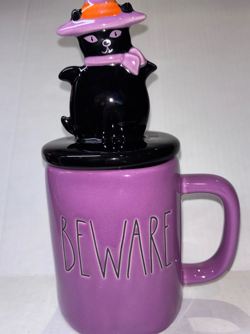 Rae Dunn Purple 'BEWARE' Mug with Black Cat Lid discontinued